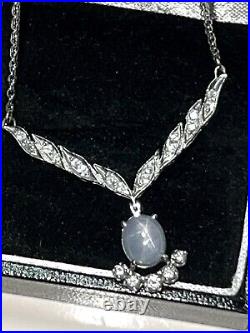 Vintage Art Deco 14K White Gold Star Sapphire Diamond Necklace