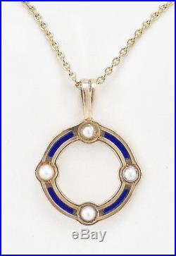 Vintage Art Deco 14K Yellow Gold Round Blue Enamel Necklace withSeed Pearls