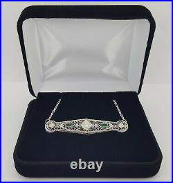 Vintage Art Deco 14k Gold 0.31 ct Old European Diamond & Emerald Bar Necklace