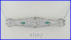 Vintage Art Deco 14k Gold 0.31 ct Old European Diamond & Emerald Bar Necklace