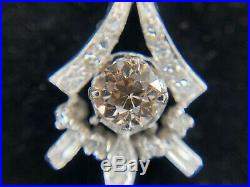 Vintage Art Deco 14k White Gold Old European Baguette Diamond Pendant Necklace