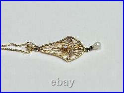 Vintage Art Deco 14k Yellow Gold Natural Old European Diamond Filigree Necklace