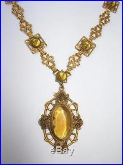 Vintage Art Deco 1930s Czech Glass Topaz Glass Filigree Necklace Pendant
