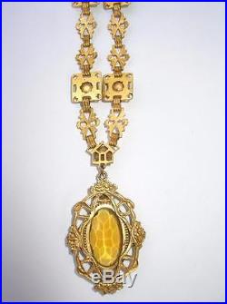 Vintage Art Deco 1930s Czech Glass Topaz Glass Filigree Necklace Pendant