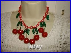 Vintage Art Deco 30's Bakelite Cherry Necklace 15 Celluloid Chain Fruit Jewelry