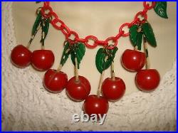 Vintage Art Deco 30's Bakelite Cherry Necklace 15 Celluloid Chain Fruit Jewelry