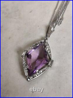 Vintage Art Deco 30s Amethyst Glass Pendant Rhodium Plated The Look Of Real