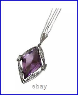 Vintage Art Deco 30s Amethyst Glass Pendant Rhodium Plated The Look Of Real