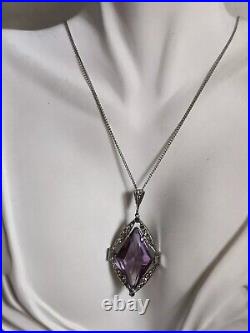 Vintage Art Deco 30s Amethyst Glass Pendant Rhodium Plated The Look Of Real