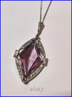 Vintage Art Deco 30s Amethyst Glass Pendant Rhodium Plated The Look Of Real