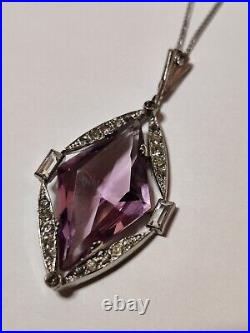 Vintage Art Deco 30s Amethyst Glass Pendant Rhodium Plated The Look Of Real