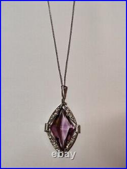 Vintage Art Deco 30s Amethyst Glass Pendant Rhodium Plated The Look Of Real