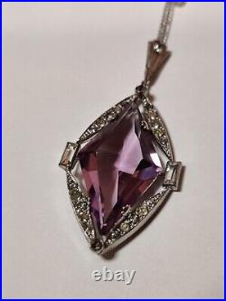 Vintage Art Deco 30s Amethyst Glass Pendant Rhodium Plated The Look Of Real