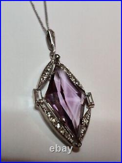 Vintage Art Deco 30s Amethyst Glass Pendant Rhodium Plated The Look Of Real