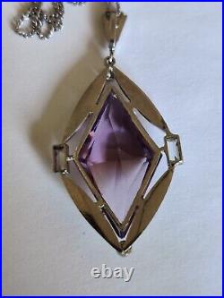 Vintage Art Deco 30s Amethyst Glass Pendant Rhodium Plated The Look Of Real