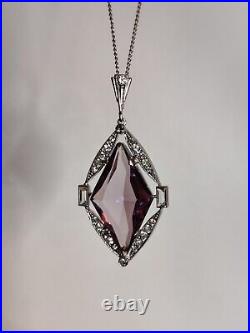 Vintage Art Deco 30s Amethyst Glass Pendant Rhodium Plated The Look Of Real