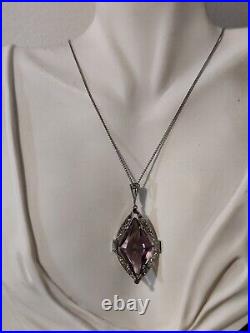 Vintage Art Deco 30s Amethyst Glass Pendant Rhodium Plated The Look Of Real