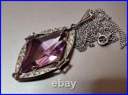 Vintage Art Deco 30s Amethyst Glass Pendant Rhodium Plated The Look Of Real