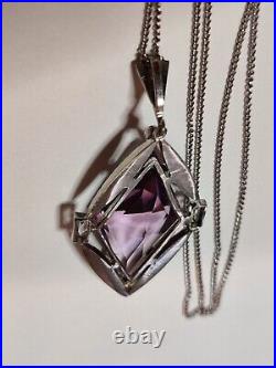 Vintage Art Deco 30s Amethyst Glass Pendant Rhodium Plated The Look Of Real