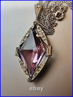 Vintage Art Deco 30s Amethyst Glass Pendant Rhodium Plated The Look Of Real