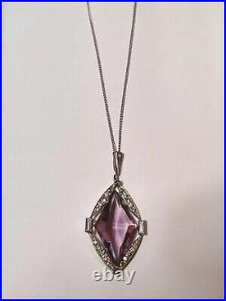 Vintage Art Deco 30s Amethyst Glass Pendant Rhodium Plated The Look Of Real