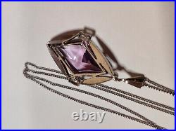 Vintage Art Deco 30s Amethyst Glass Pendant Rhodium Plated The Look Of Real