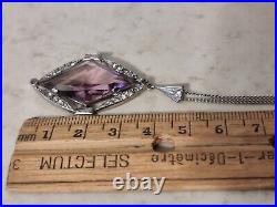 Vintage Art Deco 30s Amethyst Glass Pendant Rhodium Plated The Look Of Real