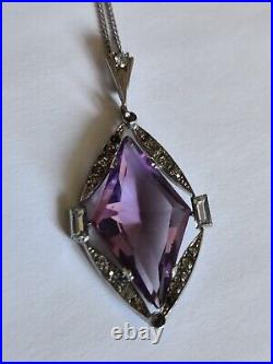 Vintage Art Deco 30s Amethyst Glass Pendant Rhodium Plated The Look Of Real