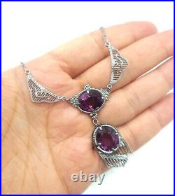 Vintage Art Deco Amethyst Glass Rhodium Plated Filigree Necklace