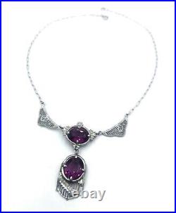 Vintage Art Deco Amethyst Glass Rhodium Plated Filigree Necklace