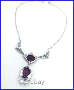 Vintage Art Deco Amethyst Glass Rhodium Plated Filigree Necklace