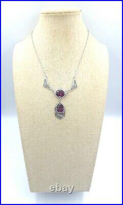 Vintage Art Deco Amethyst Glass Rhodium Plated Filigree Necklace