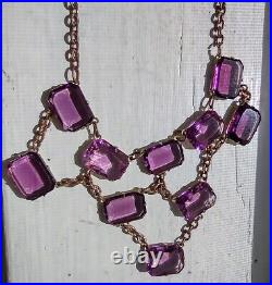 Vintage Art Deco Amethyst Glass Sparkle 3 Row Gold Tone Necklace Absolutely FAB