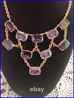 Vintage Art Deco Amethyst Glass Sparkle 3 Row Gold Tone Necklace Absolutely FAB