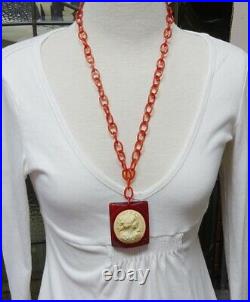 Vintage Art Deco Antique Celluloid Chain Link Necklace With Large Cameo Pendant