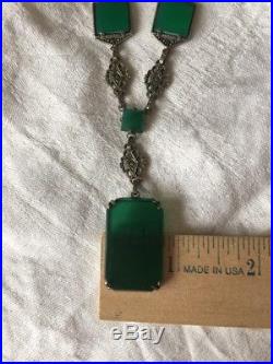 Vintage Art Deco Antique Sterling Silver Chrysoprase or Green Glass Necklace