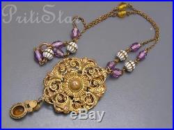 Vintage Art Deco Austria Amethyst Amber Glass Enamel Gold Gilt Necklace Austrian