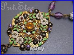 Vintage Art Deco Austria Amethyst Amber Glass Enamel Gold Gilt Necklace Austrian