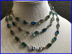 Vintage Art Deco Bezel Set Crystal Glass Necklace Blue Green Gold Tone 48