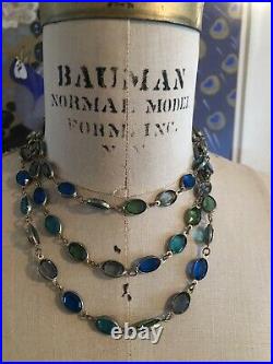 Vintage Art Deco Bezel Set Crystal Glass Necklace Blue Green Gold Tone 48