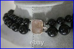 Vintage Art Deco Black Onyx Bead Sterling Silver Marcasite Pendant Necklace