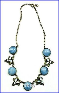 Vintage Art Deco Blue Art Glass Enamel Leaves Antique Czech Necklace