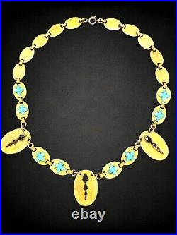 Vintage Art Deco Blue Czech Cut Poured Glass Flower Brass Panel Choker Necklace