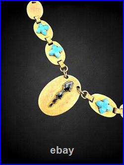 Vintage Art Deco Blue Czech Cut Poured Glass Flower Brass Panel Choker Necklace