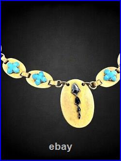 Vintage Art Deco Blue Czech Cut Poured Glass Flower Brass Panel Choker Necklace