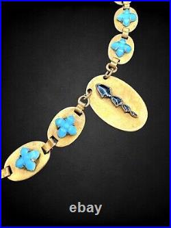 Vintage Art Deco Blue Czech Cut Poured Glass Flower Brass Panel Choker Necklace