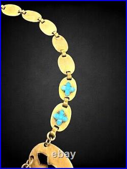 Vintage Art Deco Blue Czech Cut Poured Glass Flower Brass Panel Choker Necklace