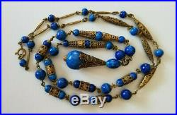Vintage Art Deco Blue Czech Glass Bead Brass filigree pendant Necklace