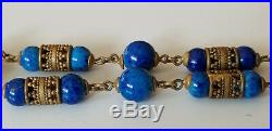 Vintage Art Deco Blue Czech Glass Bead Brass filigree pendant Necklace