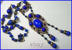 Vintage Art Deco Blue Peking Glass & Ornate Brass Filigree Necklace, Neiger